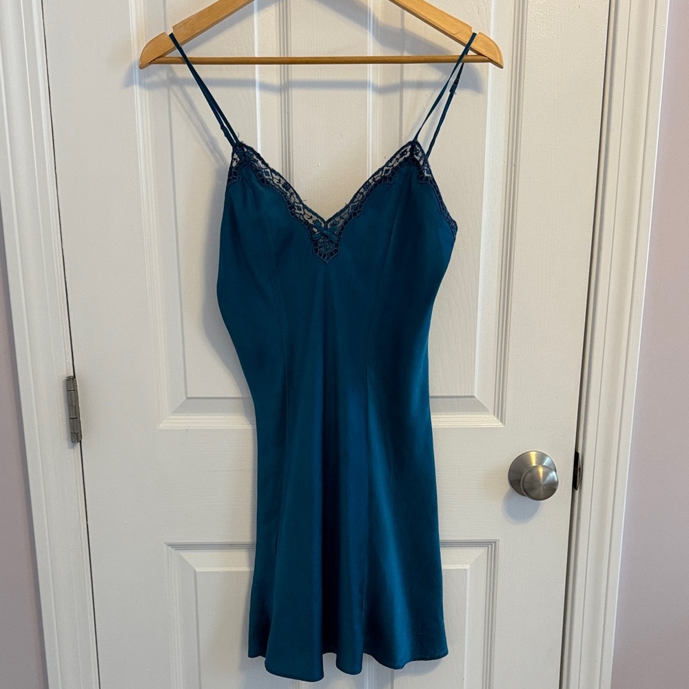 Vintage Gold Tag Victoria's Secret Teal Silk Slip Dress /Chemise